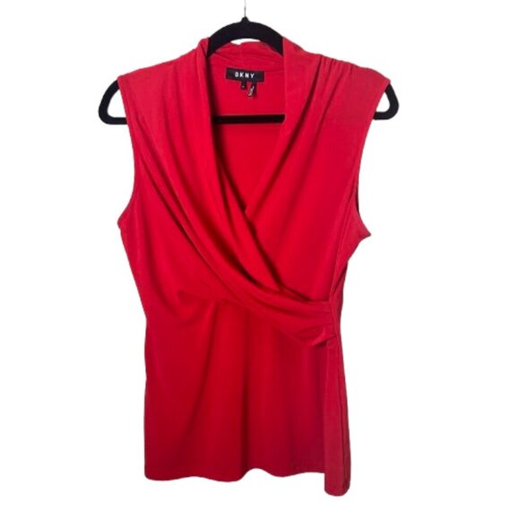 DKNY Red Faux Wrap Sleeveless Blouse Top Size Medium - Picture 1 of 8